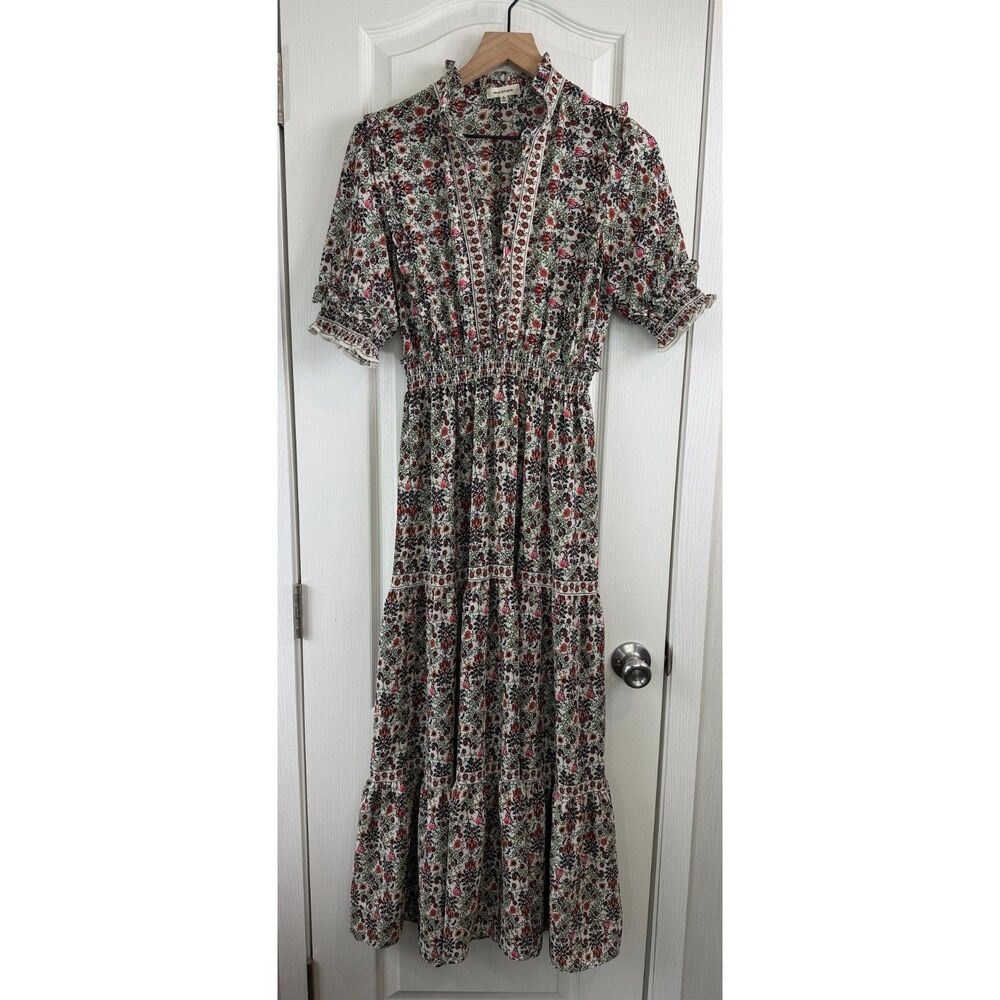 Max Studio Women’s Small Floral Maxi Dress Smocked Waist Ruffle Tiered Boho